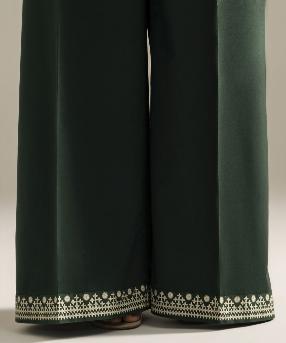 Women's RTW Cambric Solid Dark Green Flared Pants