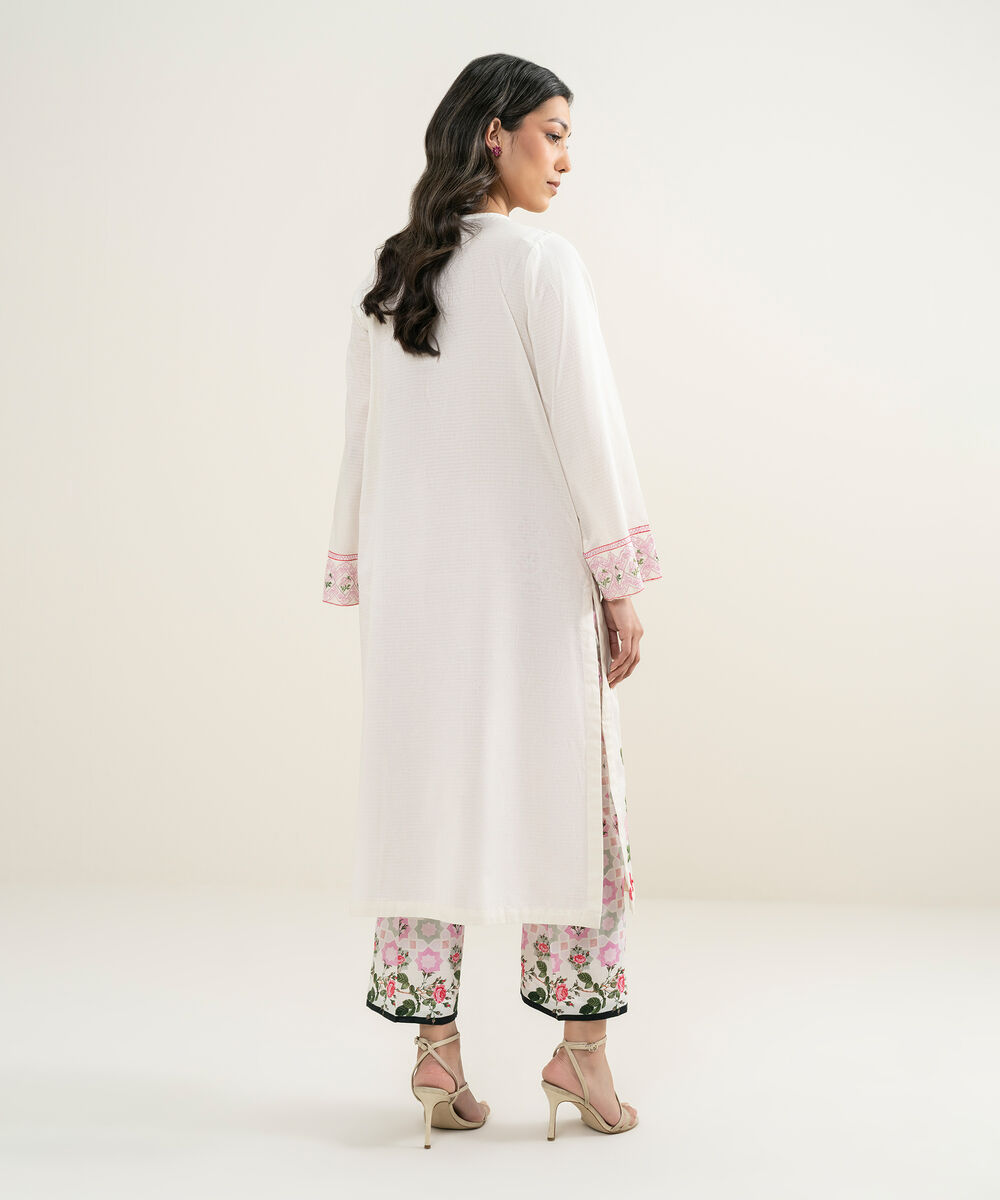 Women's RTW Dobby Embroidered Off White Straight Shirt