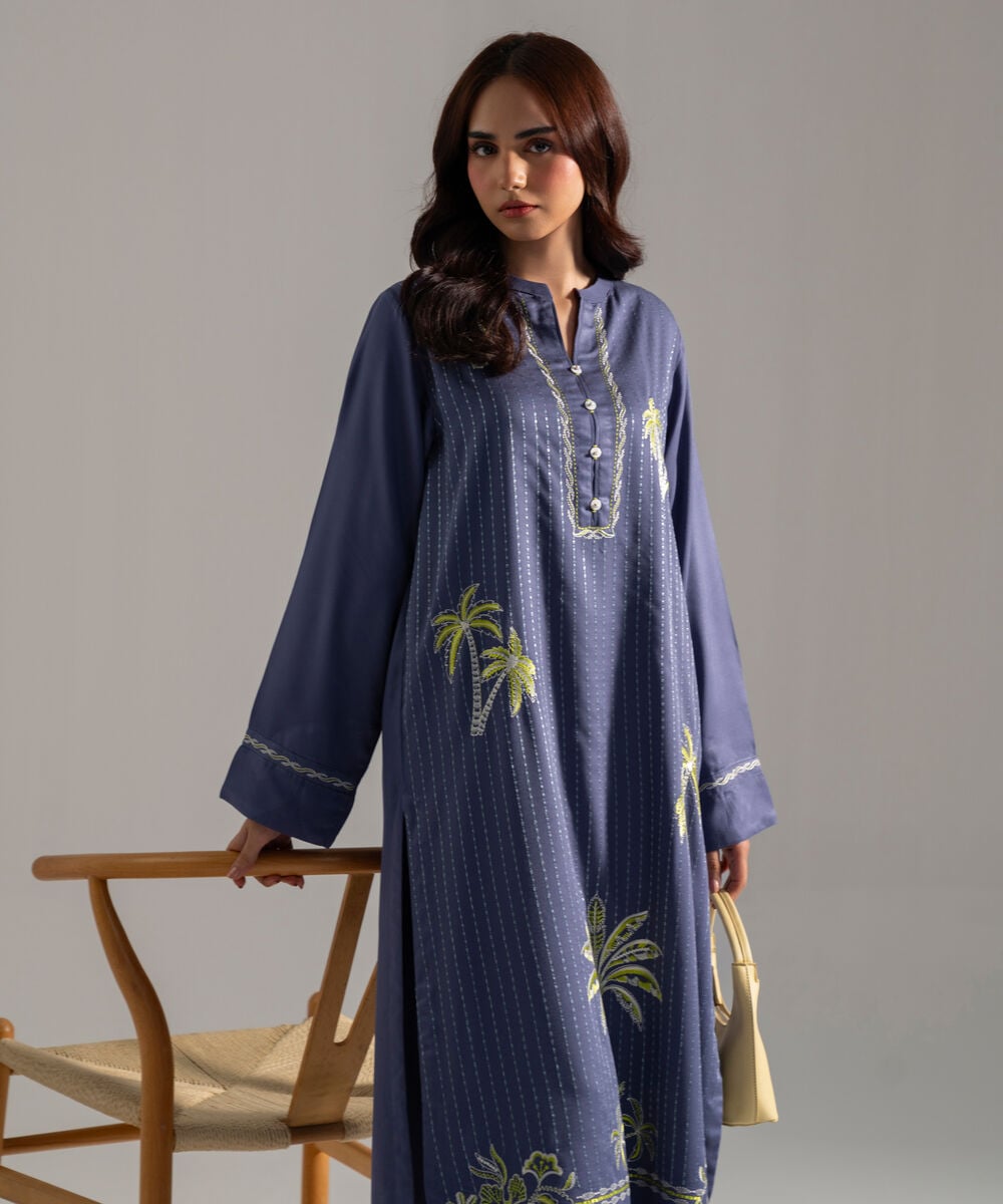 Women's RTW Solid Embroidered Blue Bedford Shirt