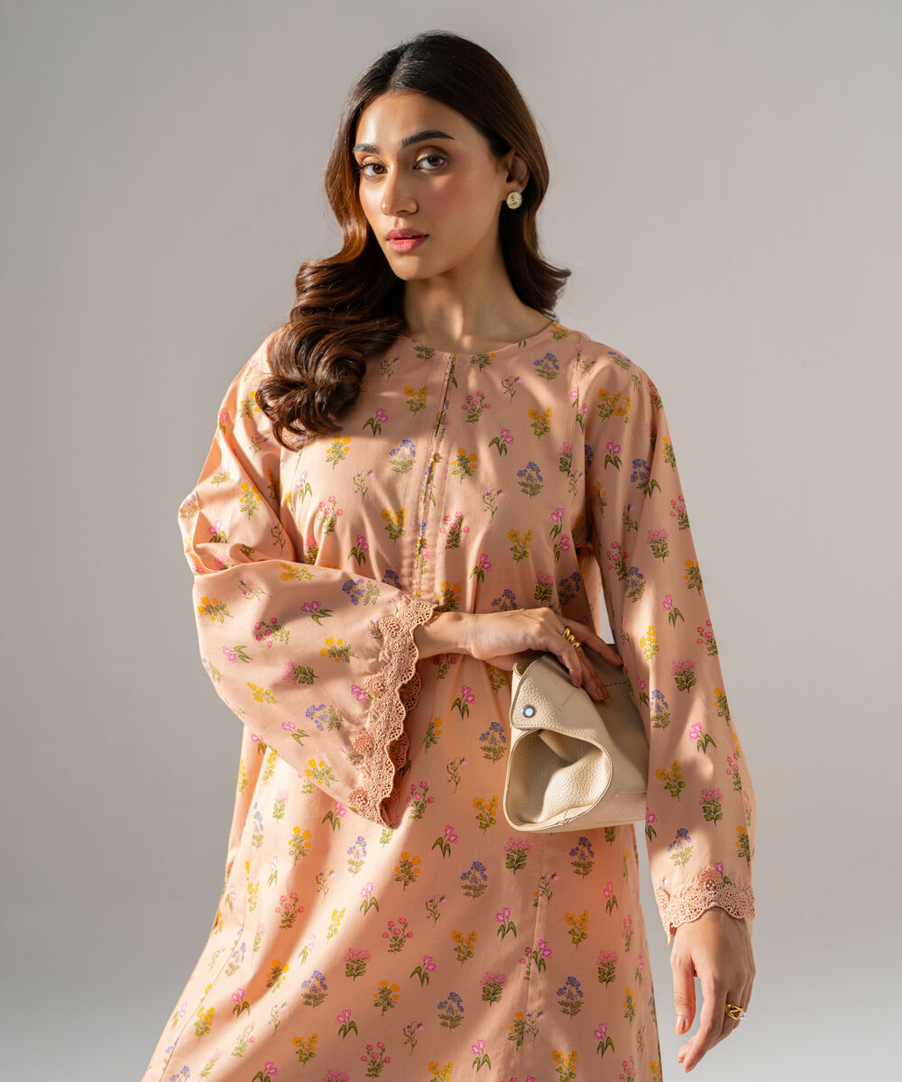 Women's RTW Printed Regular Khaddar Peach Shirt and Trousers