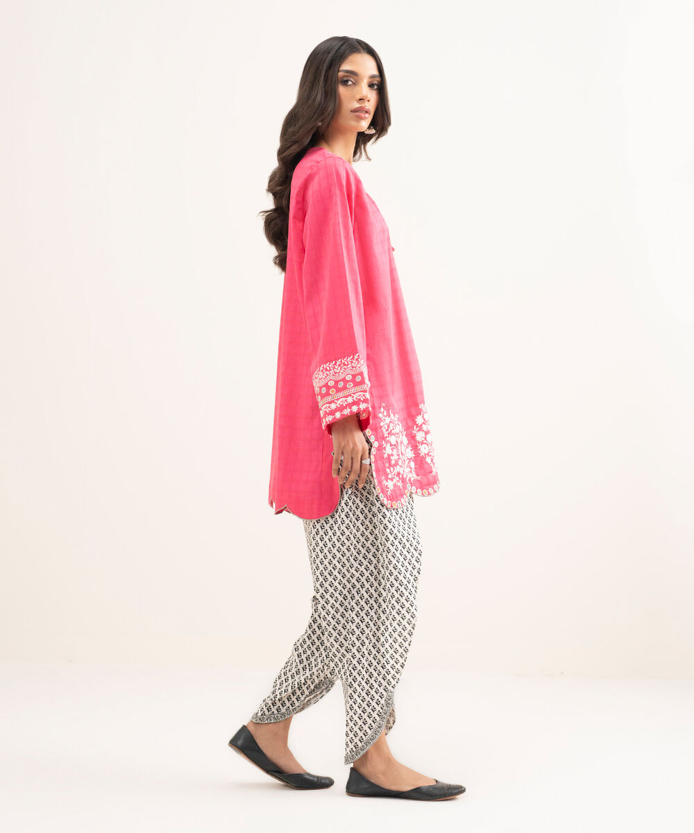 Women's RTW Dobby Embroidered Pink Straight Shirt