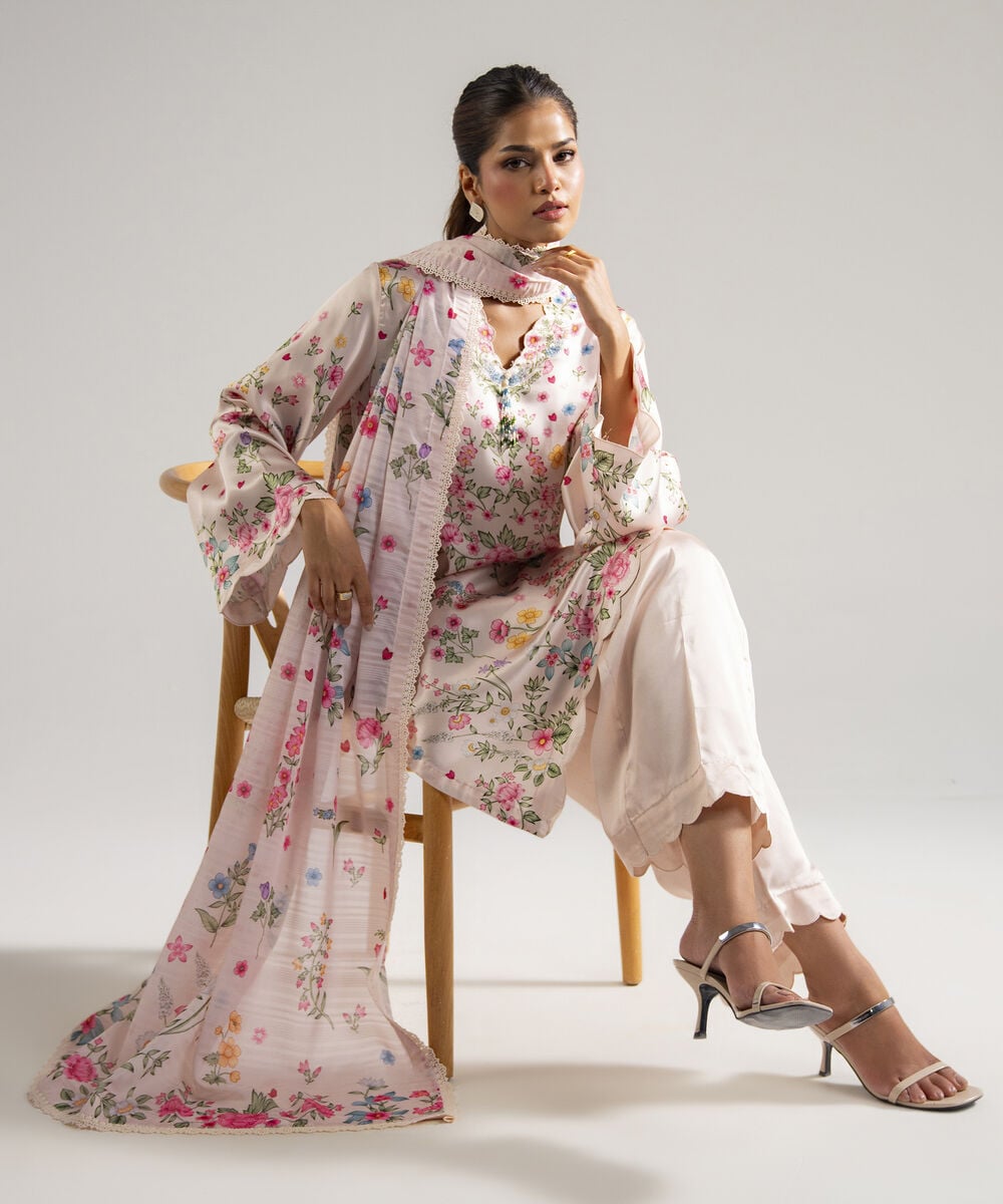 Women's RTW Blended Satin Printed Pink 3 Piece Suit