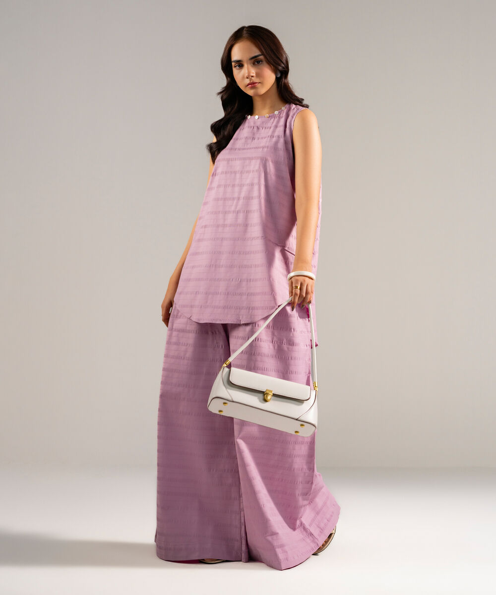 Women's RTW Seersucker Solid Light Purple 2 Piece Suit