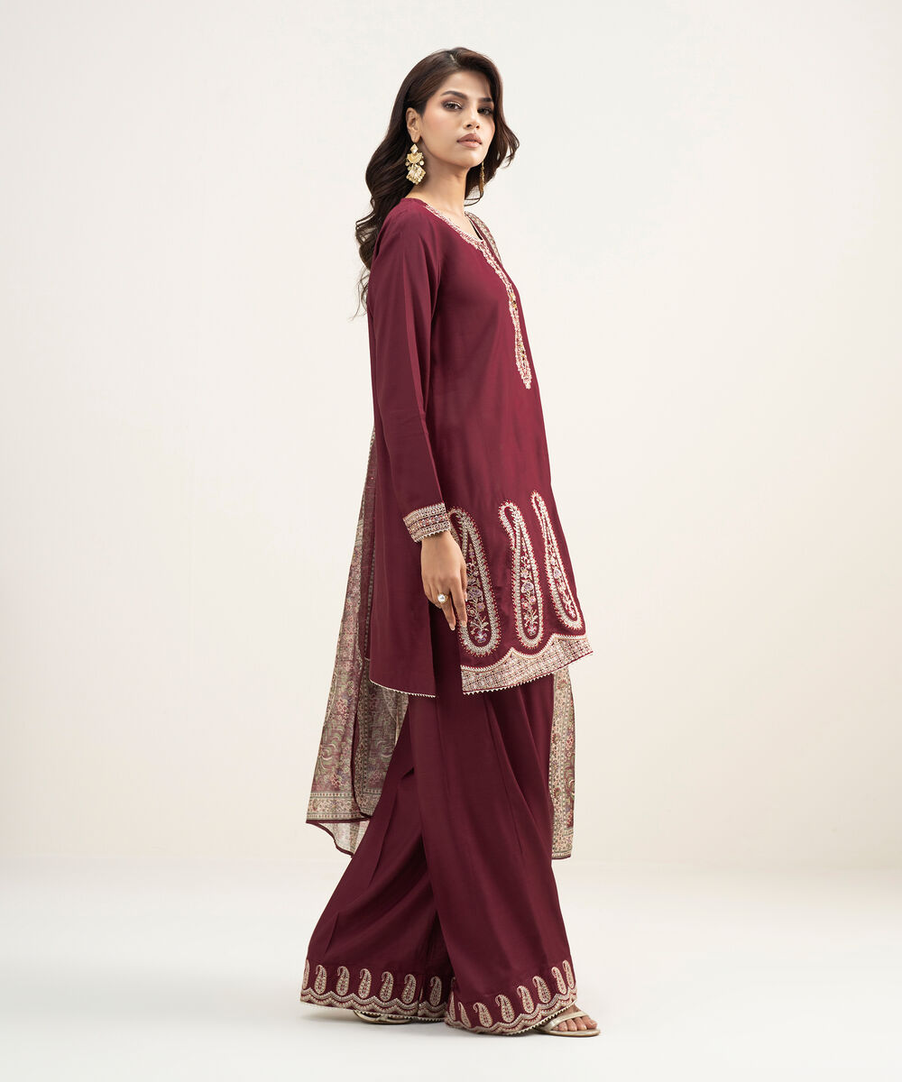 Women's RTW Viscose Raw Silk Embroidered Maroon 3 Piece Suit