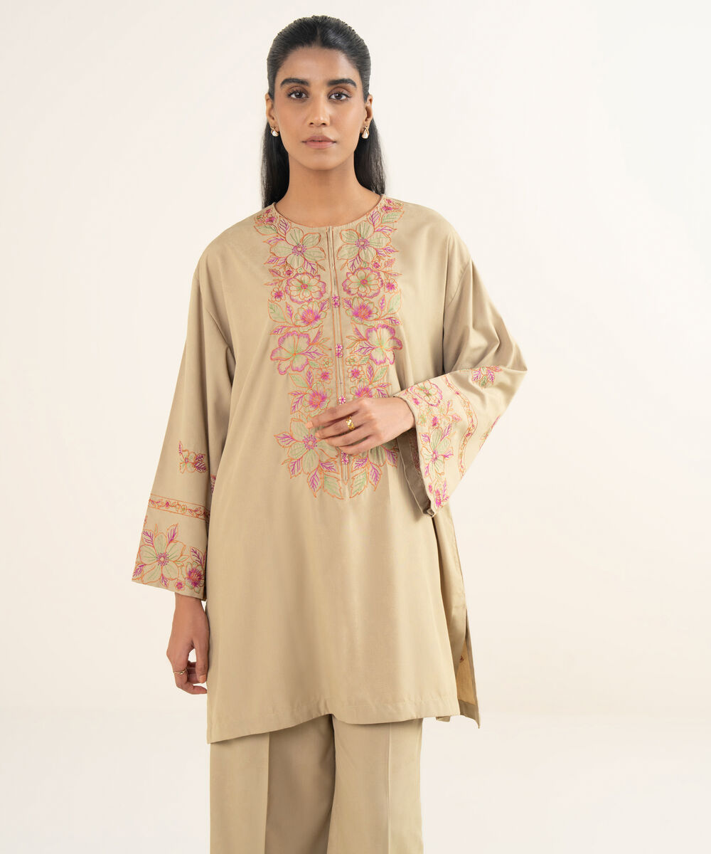 Women's RTW Self Jacquard Leno Embroidered Beige Drop Shoulder Shirt