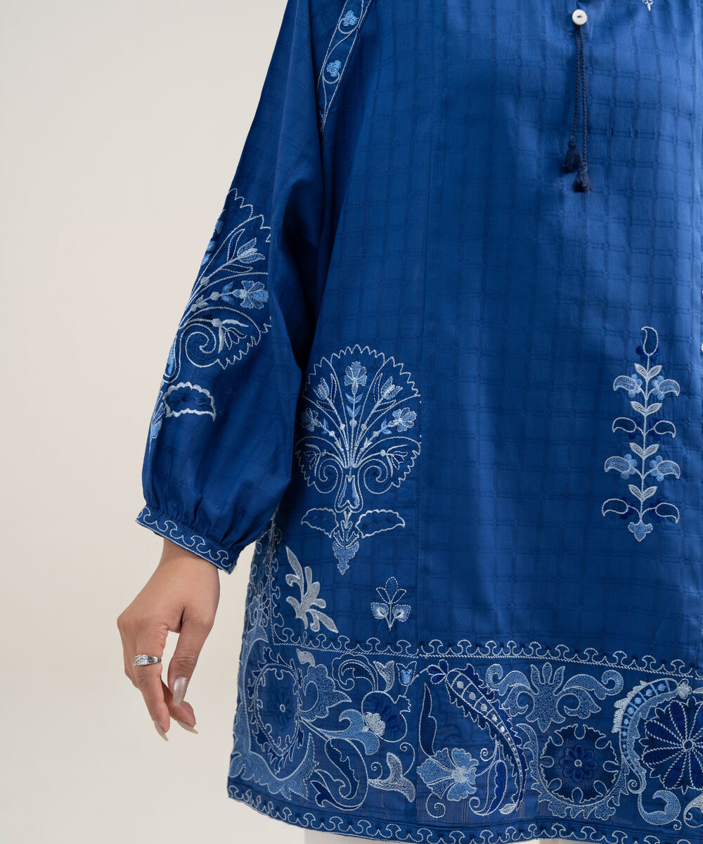 Women's RTW Dobby Embroidered Dark Blue Drop Shoulder Shirt