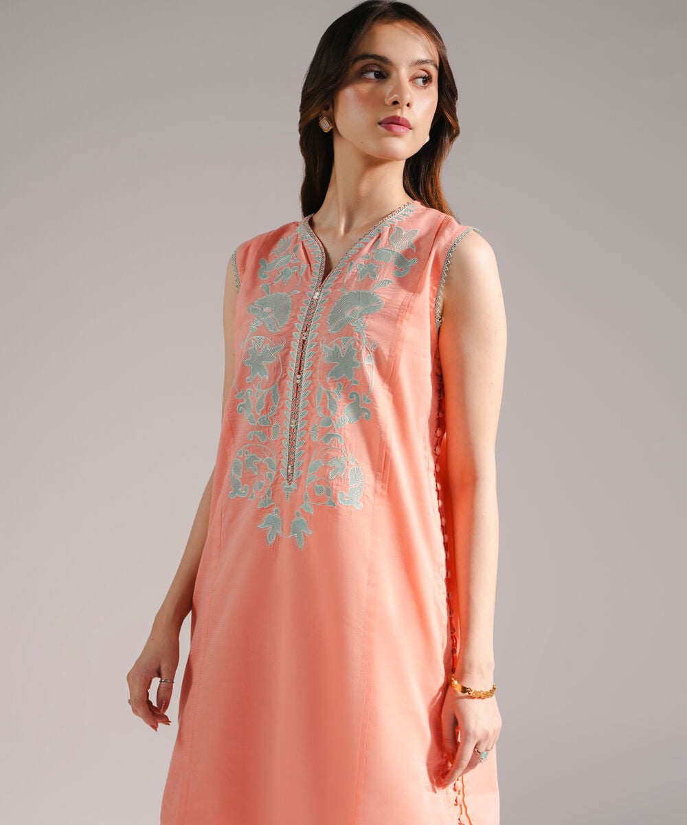 Women's RTW Zari Lawn Embroidered Straight Peach Shirt