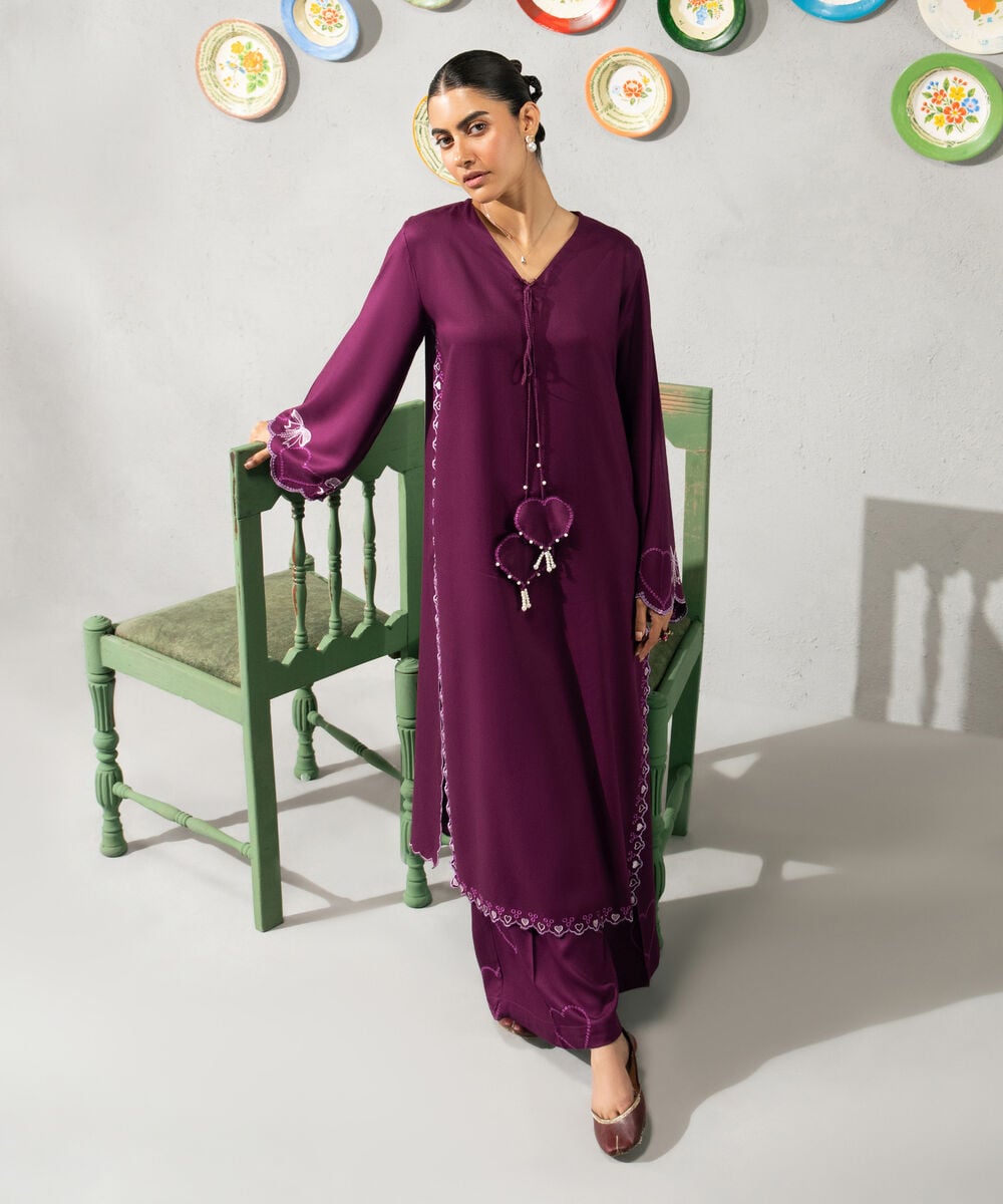 Women's RTW Bedford Solid Embroidered Purple Straight Shirt
