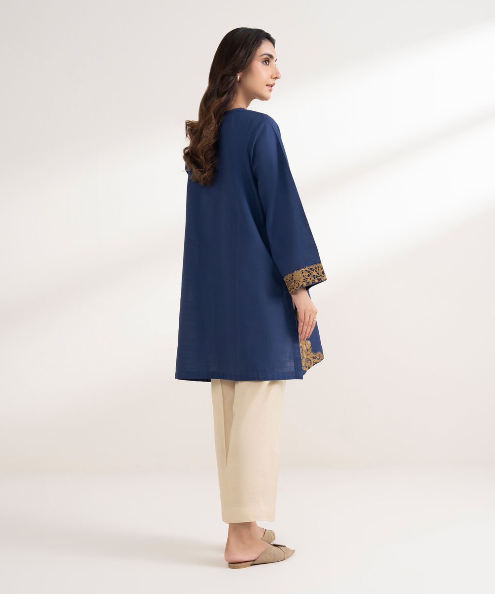 Women's RTW Khaddar Embroidered Straight Blue Shirt