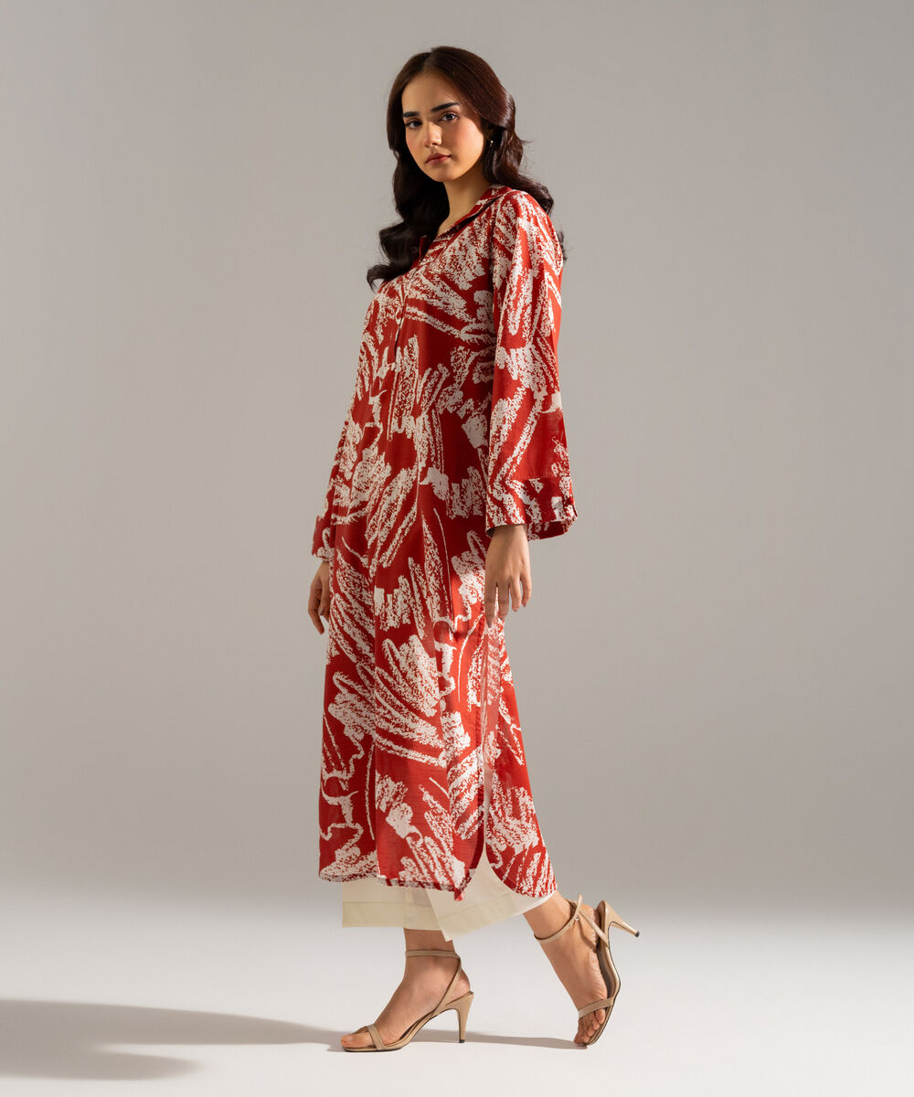 Women's RTW Slub Lawn Printed Red A-Line Shirt