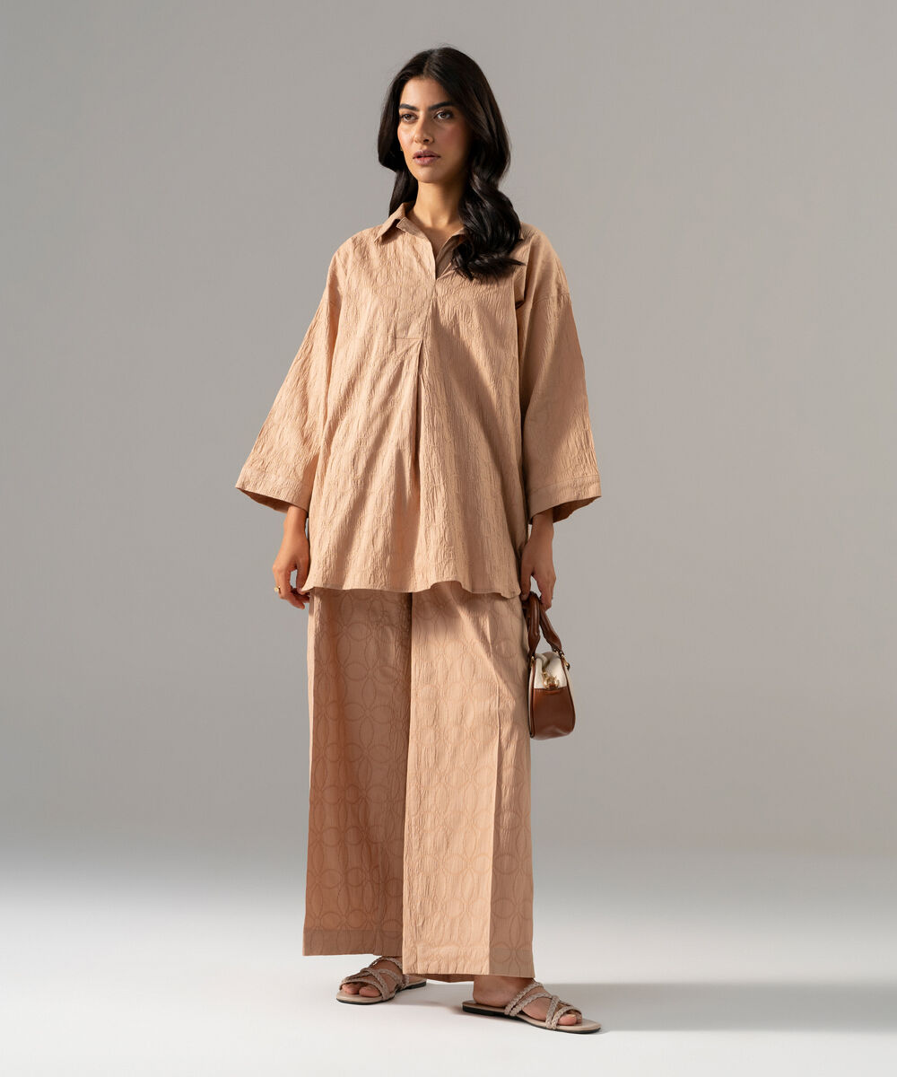 Women's RTW Textured Cotton Solid Beige 2 Piece Suit