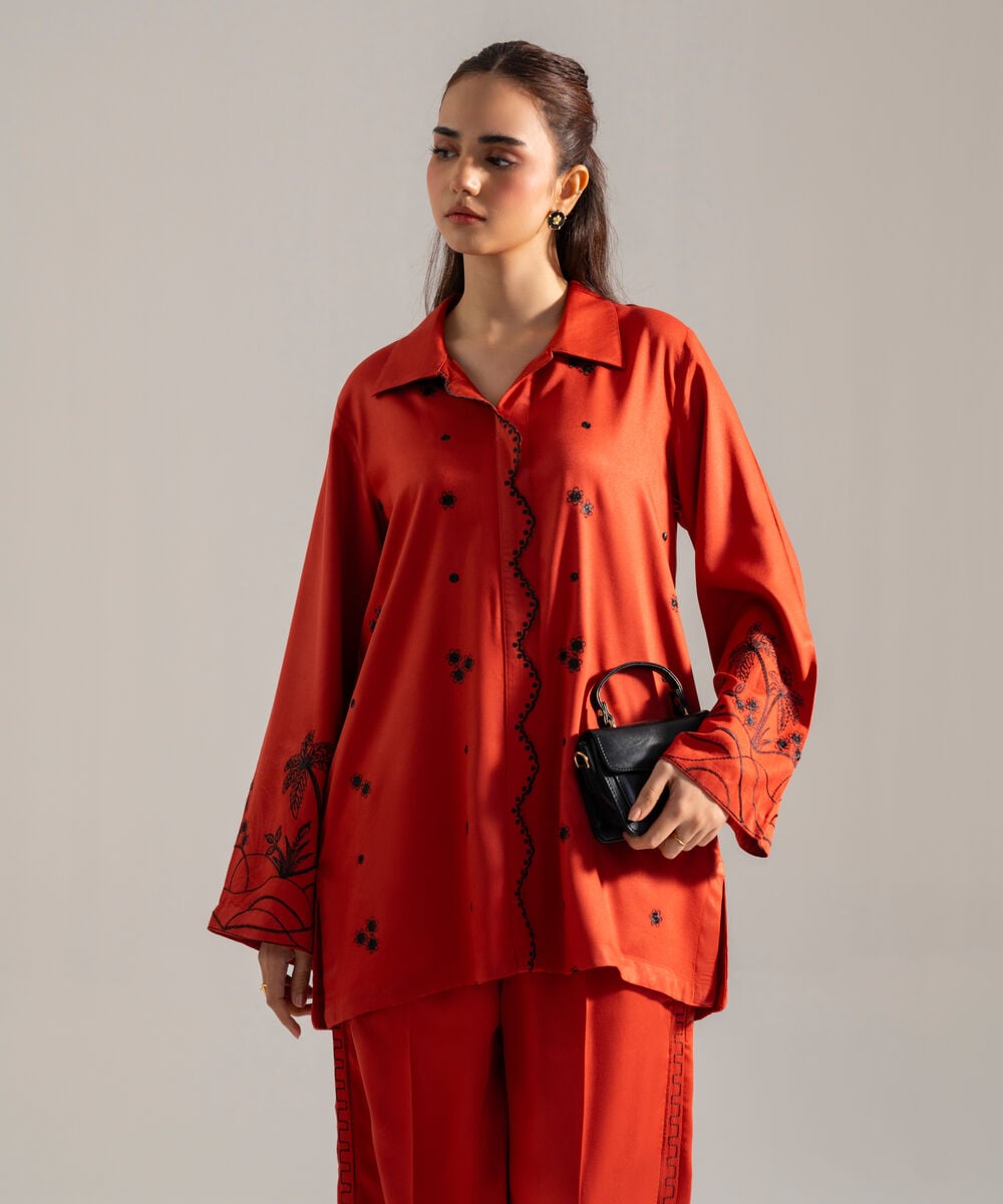 Women's RTW Solid Embroidered Rust Bedford Shirt