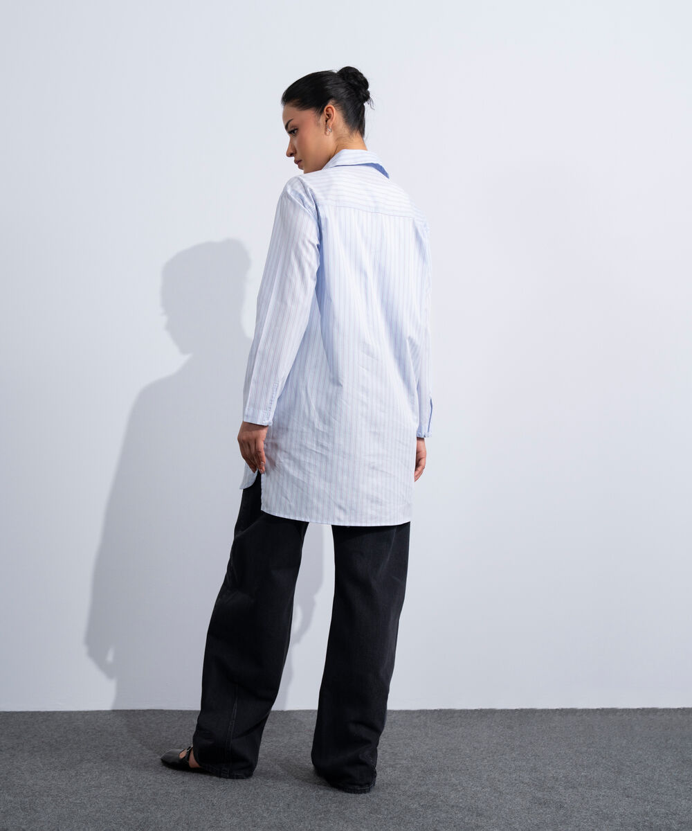 Women's Western Blue Yarn-Dyed Long Shirt
