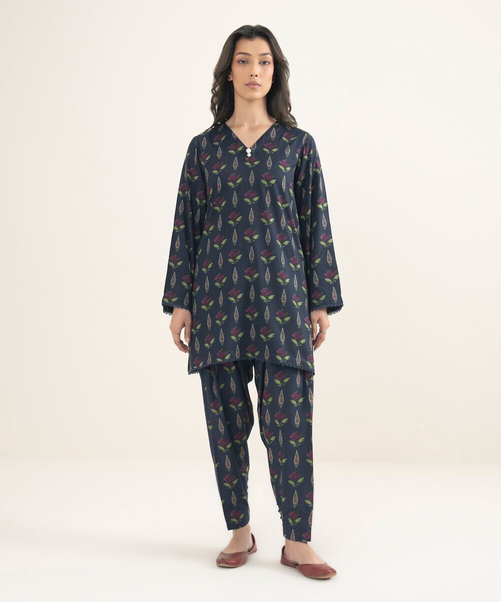 Women's RTW Arabic Lawn Printed Blue Straight Shirt