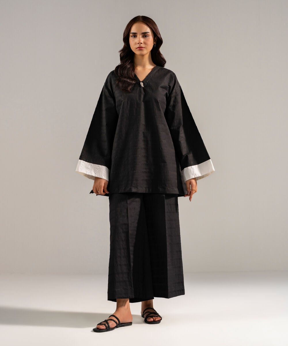 Women's RTW Seersucker Solid Black 2 Piece Suit