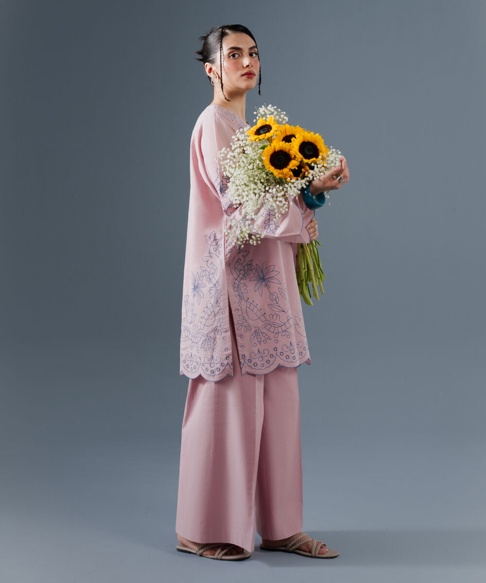 Women's RTW Slub Lawn Printed Pink 2 Piece Suit