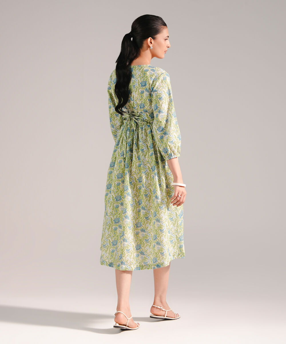 Women's RTW Slub Lawn Printed Green Dress