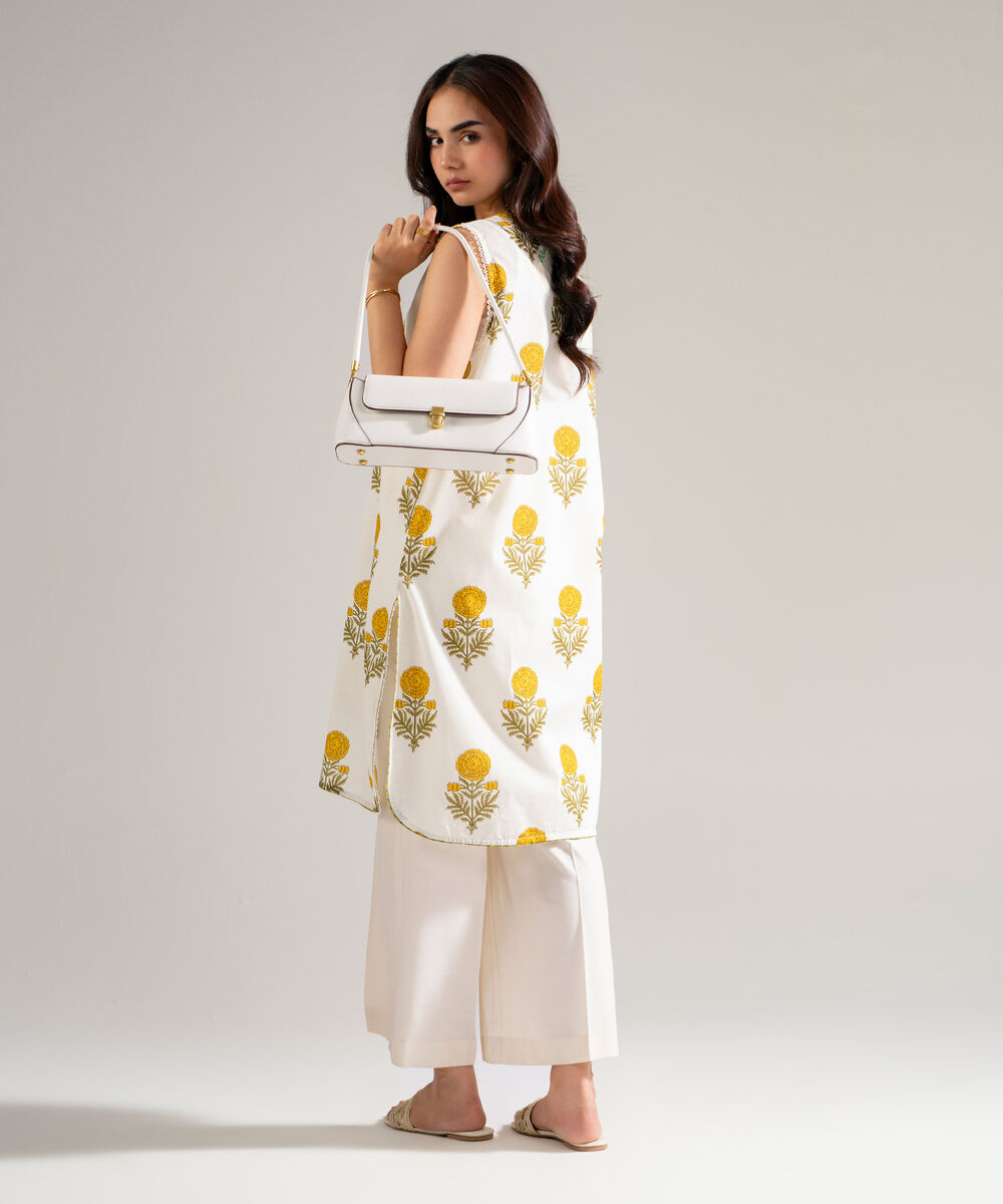 Women's RTW Slub Lawn Printed Off White Straight Shirt