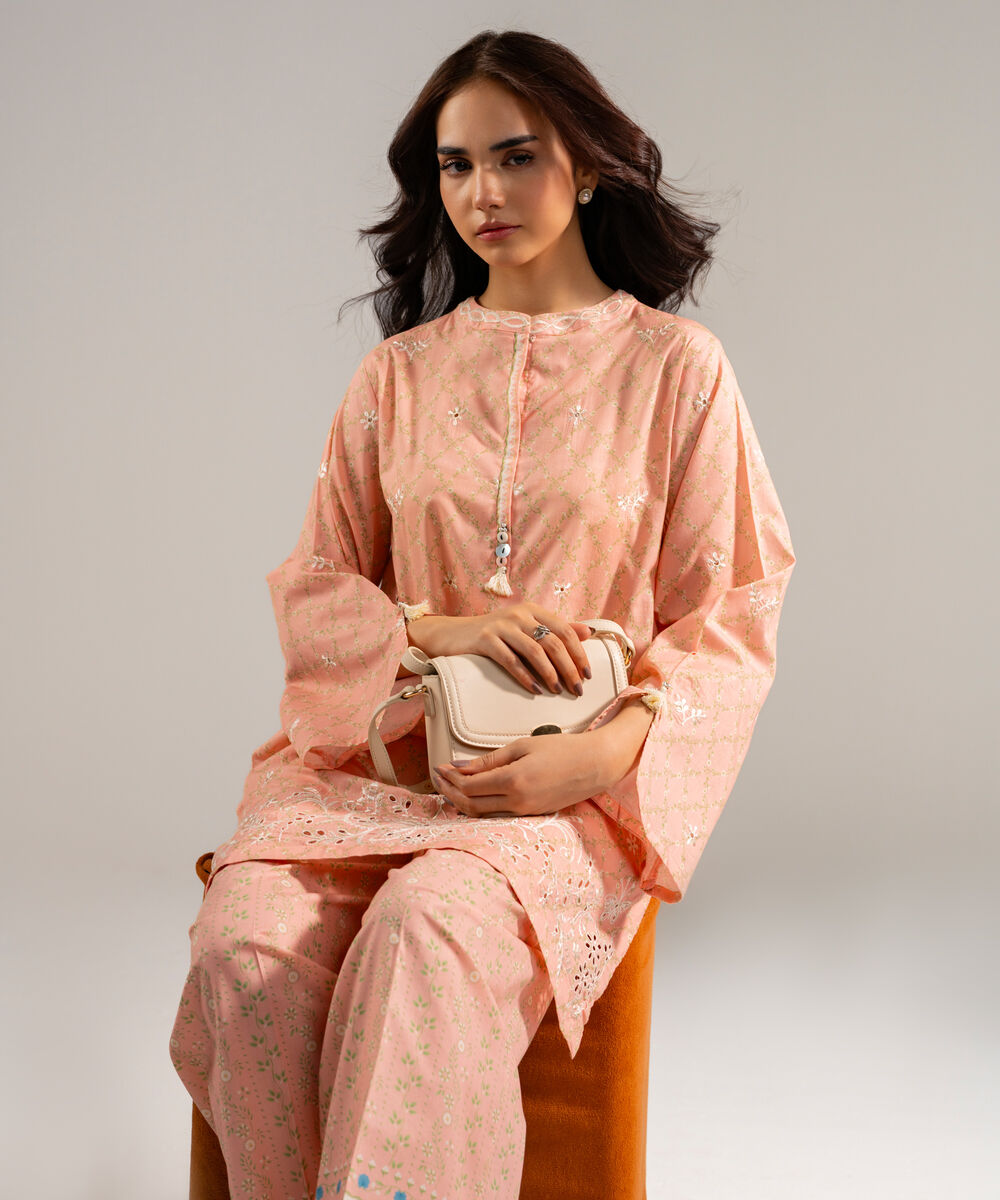 Women's RTW Lawn Embroidered Pink Straight Shirt