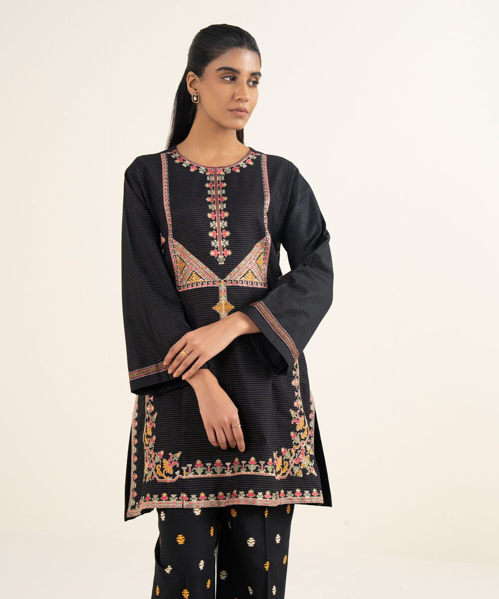 Women's RTW Fancy Textured Slub Embroidered Black Boxy Shirt