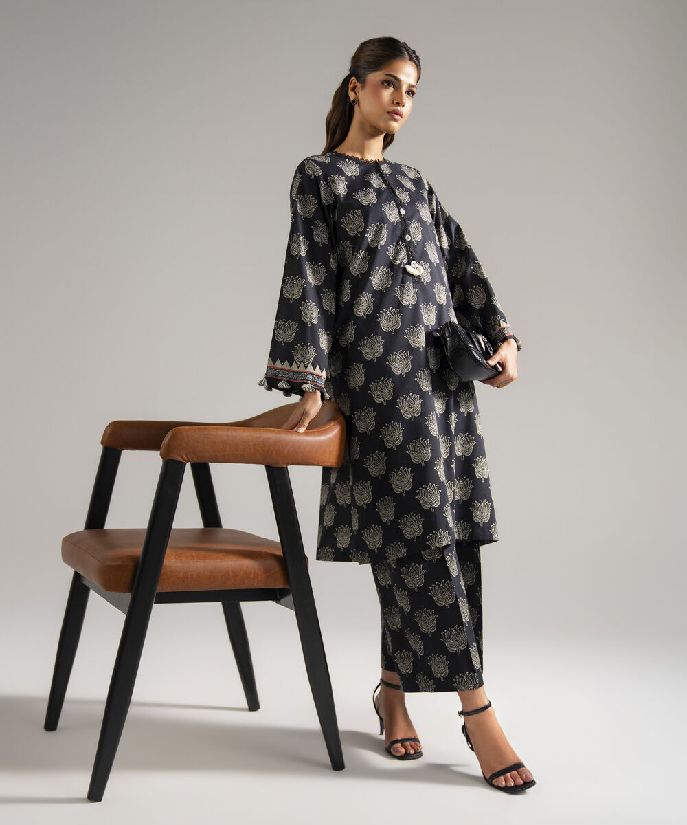Women's RTW Lawn Printed Black Straight Shirt
