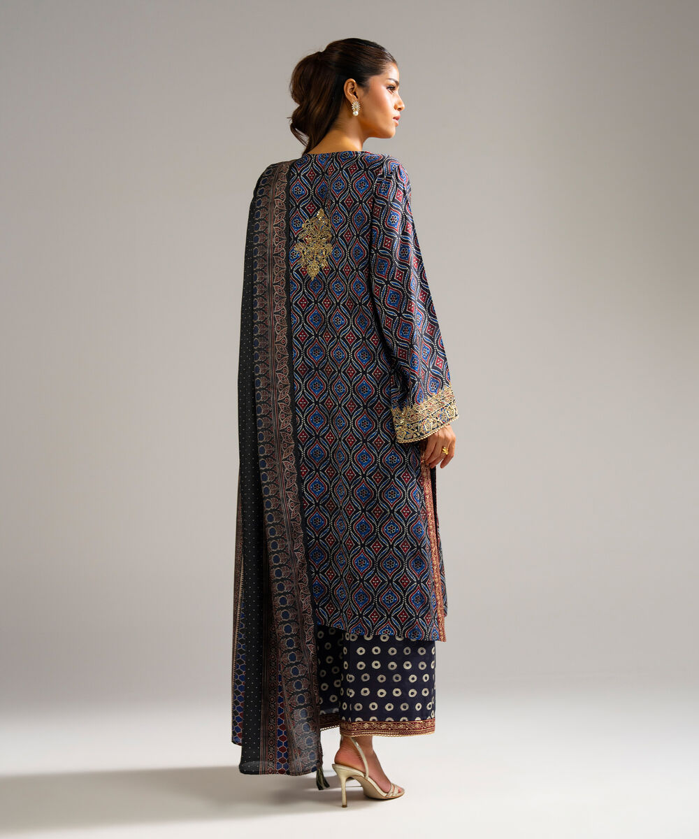 Women's RTW Bright Raw Silk Embroidered Black 3 Piece Suit