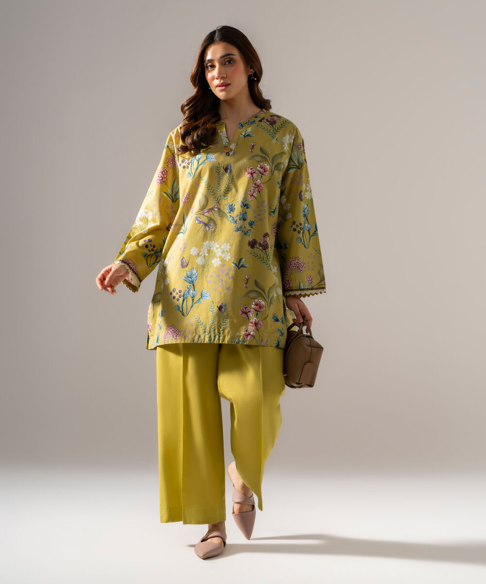 Women's RTW  Regular Khaddar Printed Muted Yellow Shirt and Trousers