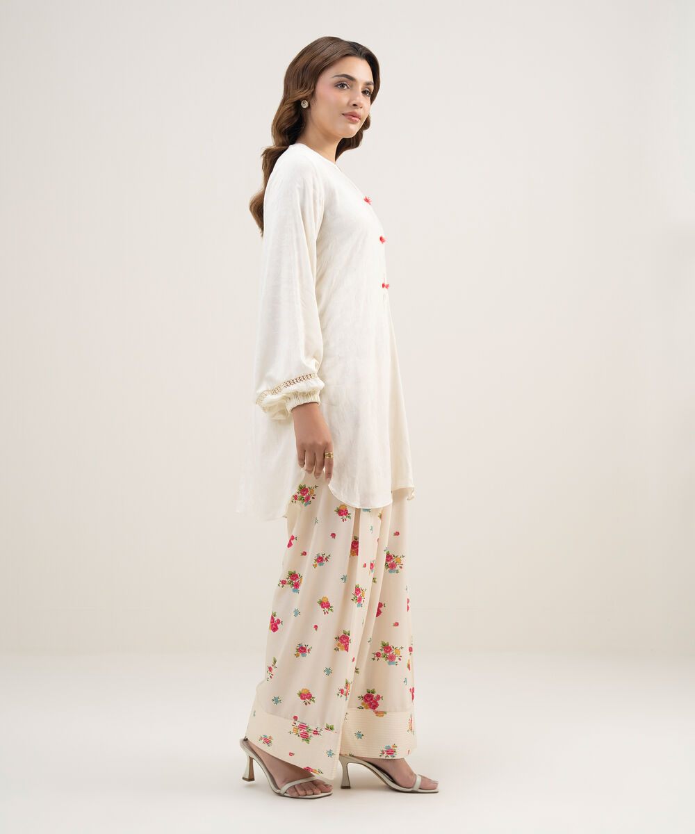Women's RTW Arabic Self Jacquard Solid Cream White Straight Shirt