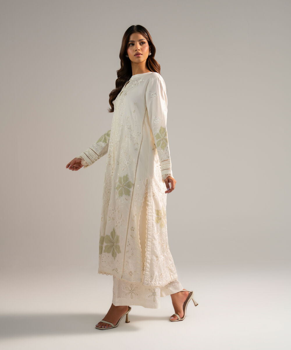 Women's RTW Cotton Satin Embroidered Off White 2 Piece Suit
