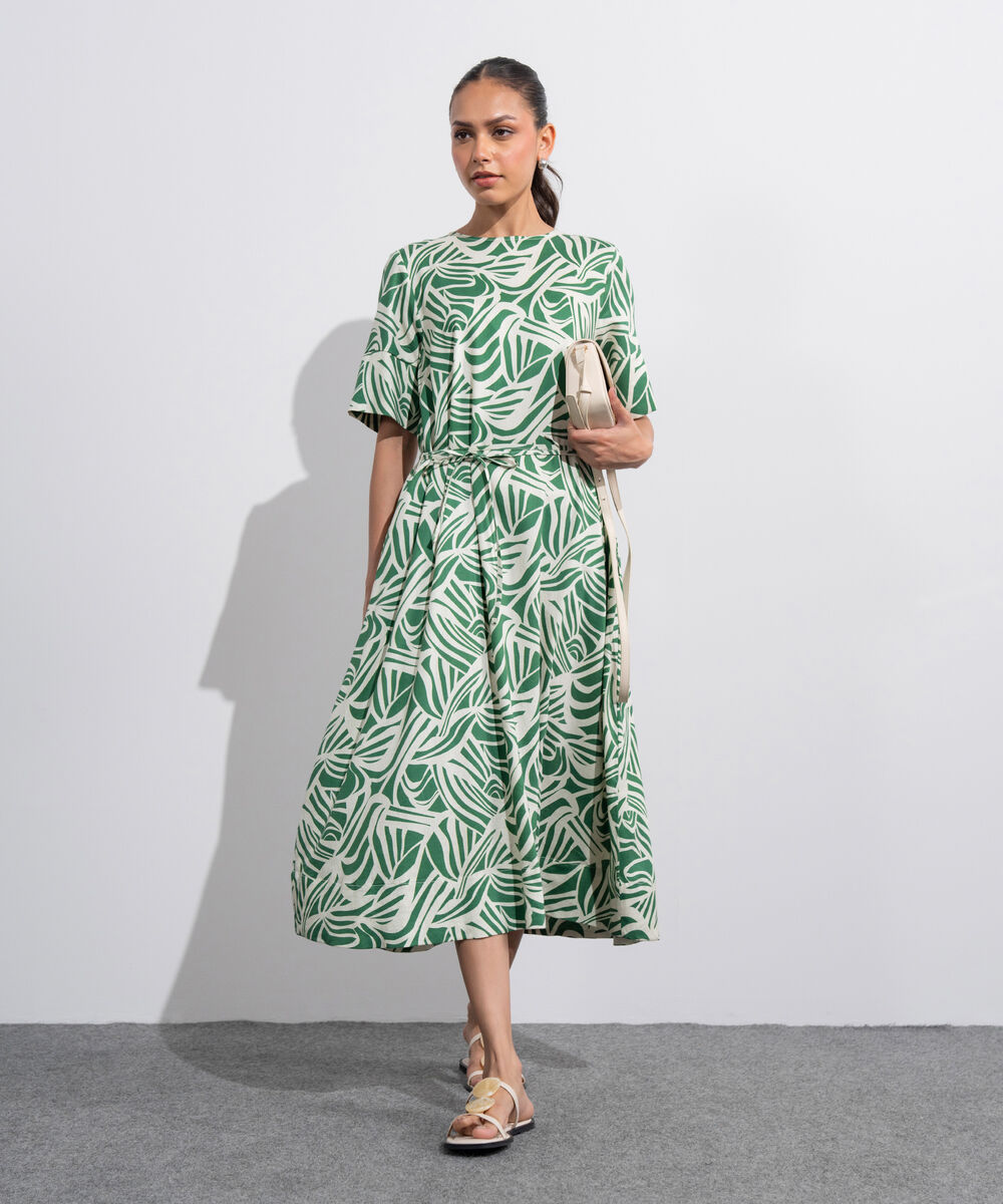Women's Western Off White And  Green Linen Blend Printed Dress