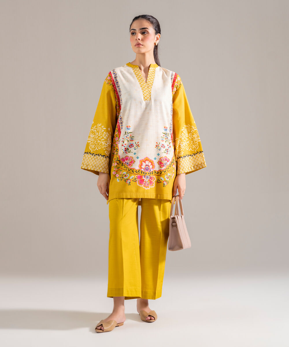 Women's RTW Khaddar Printed Mustard 2 Piece Suit