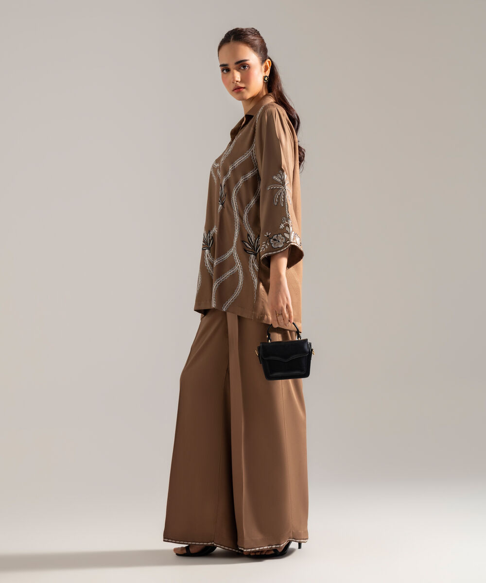 Women's RTW Solid Embroidered Dark Beige Bedford Shirt