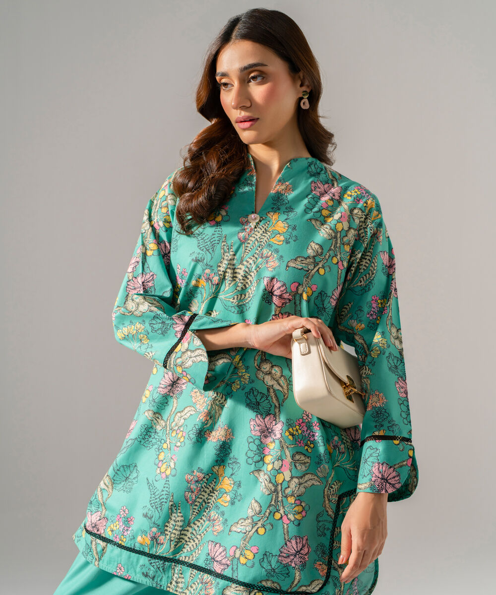 Women's RTW Regular Khaddar Printed Green Shirt and Trousers