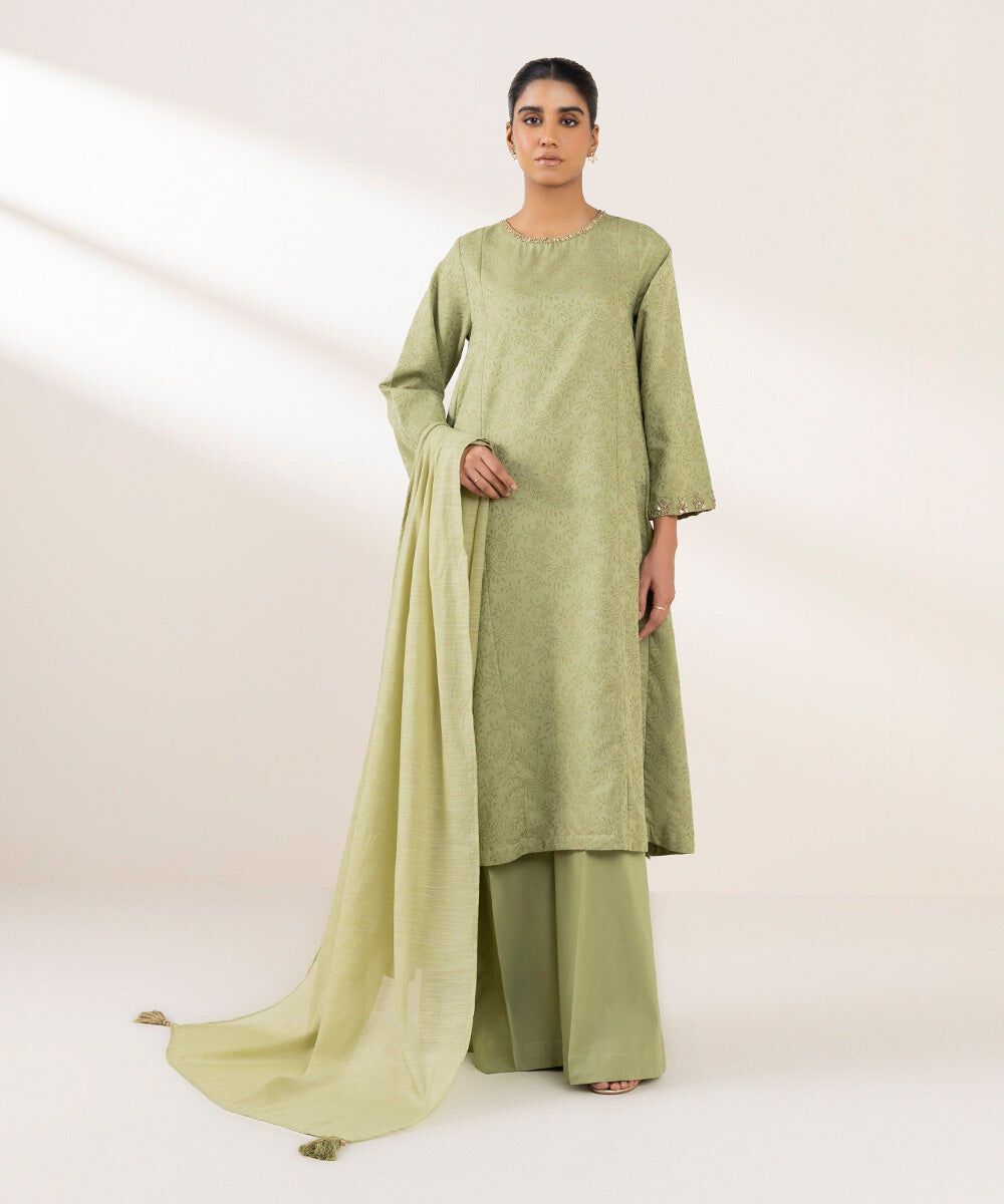 Woman - Green Embroidered Cotton Jacquard Shirt