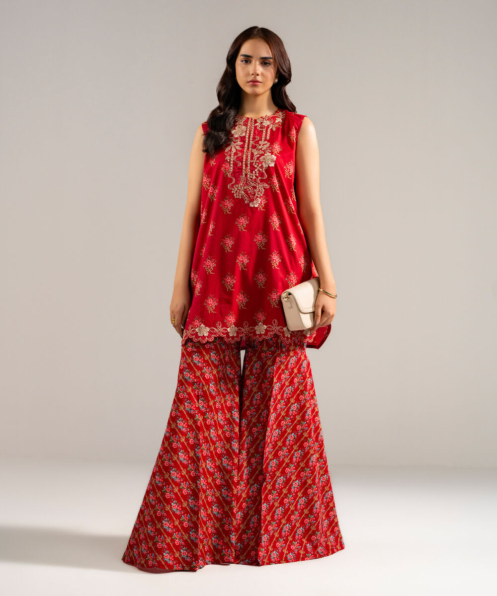 Women's RTW Lawn Embroidered Maroon Straight Shirt