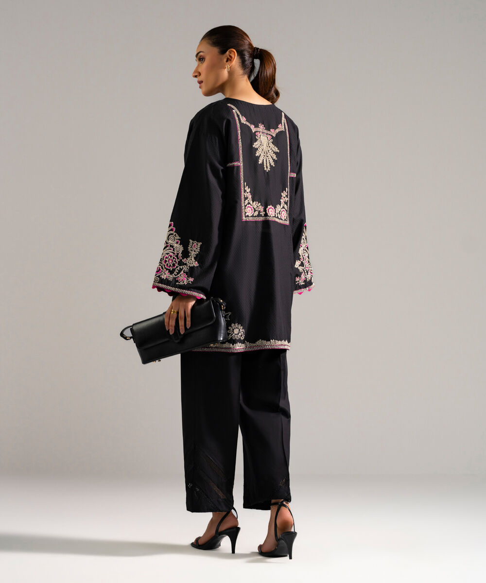 Women's RTW Dobby Embroidered Black 2 Piece Suit