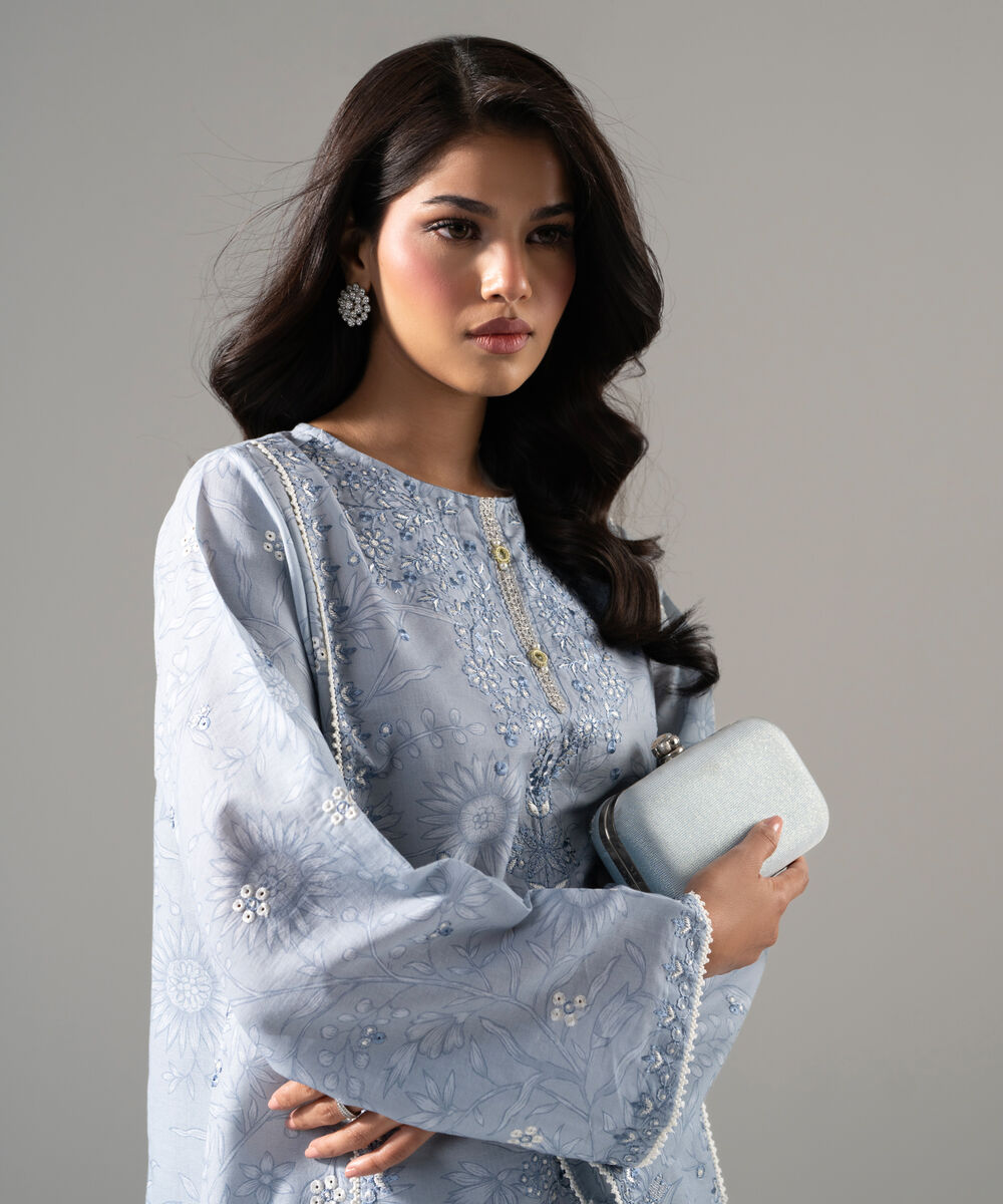 Women's RTW Fancy Khaddar Printed Embroidered Blue 2 Piece Suit