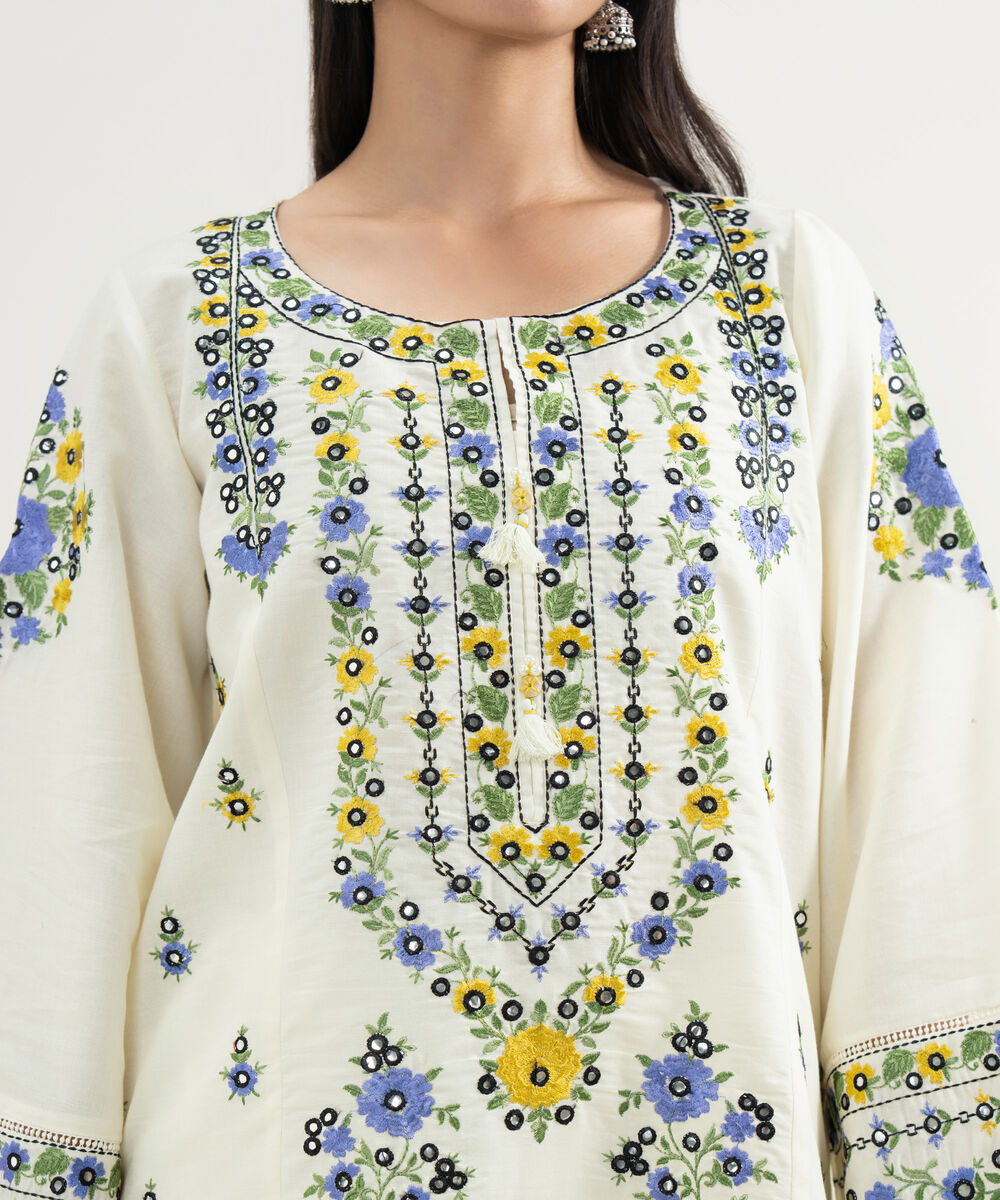 Women's RTW Zari Lawn Embroidered Off White 3 Piece Suit