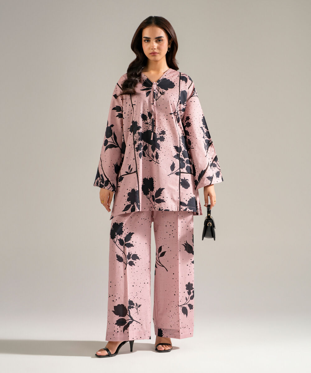 Women's RTW Slub Lawn Printed Light Mauve Drop Shoulder Shirt