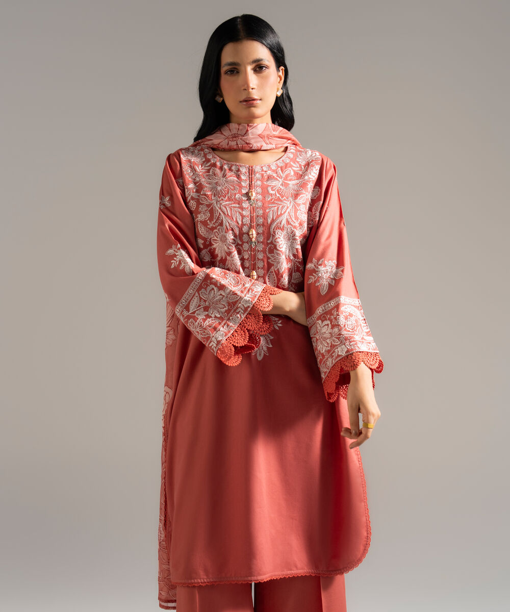 Women's RTW Dobby Crepe Embroidered Pink 3 Piece Suit