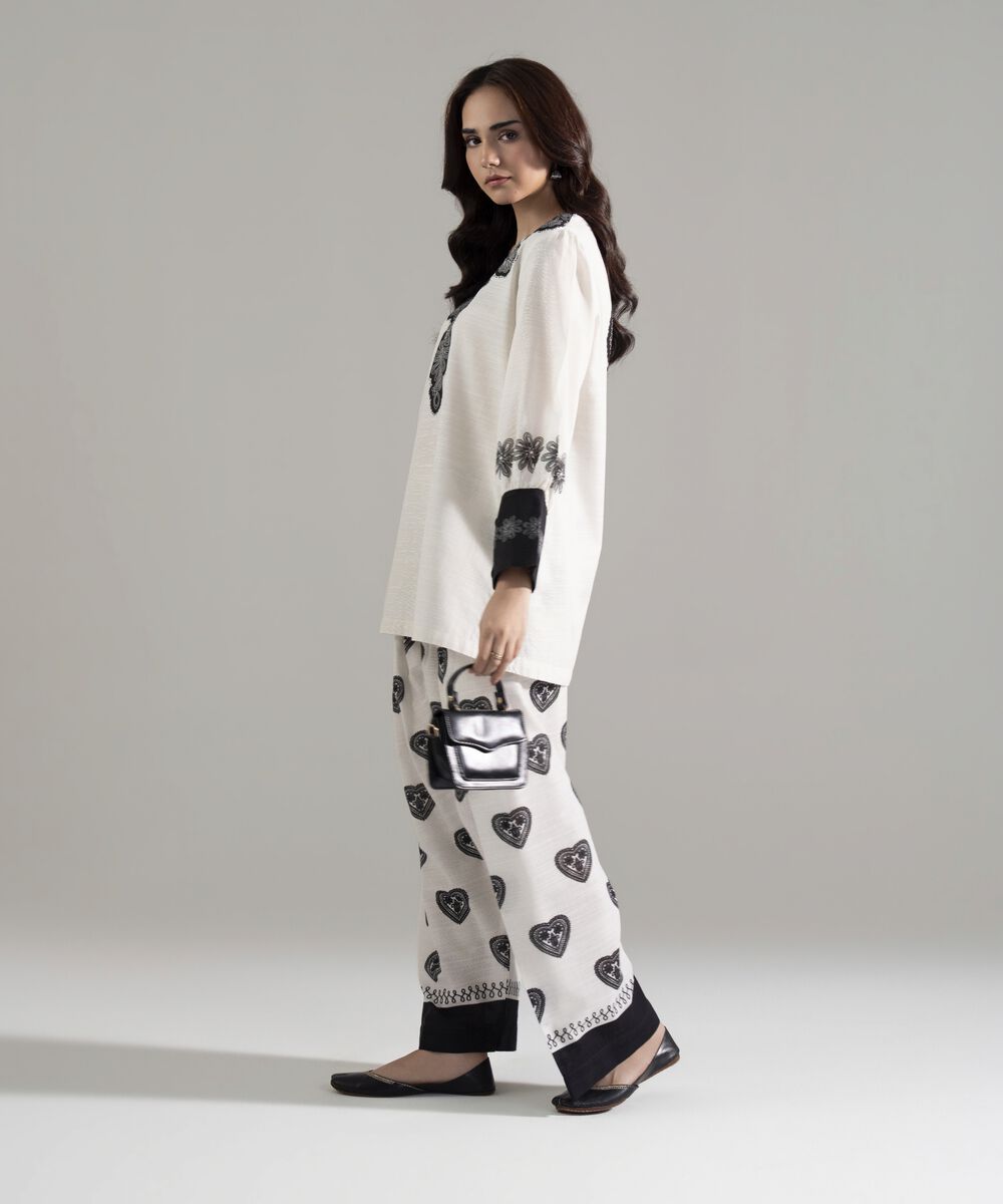 Women's RTW Khaddar Printed White Straight Shirt