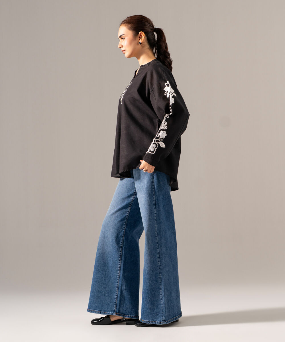 Women's RTW Khaddar Solid Embroidered Black Drop Shoulder Shirt