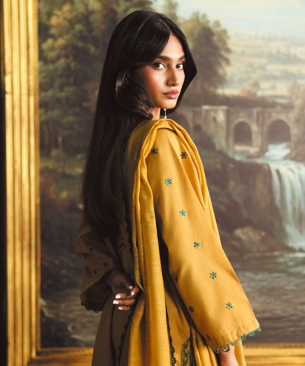 Women's RTW Light Khaddar Embroidered Yellow A-Line Shirt