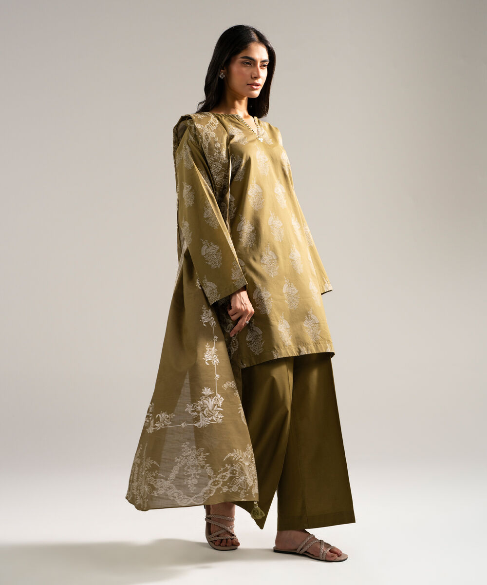 Textured Voile Printed Green Dupatta