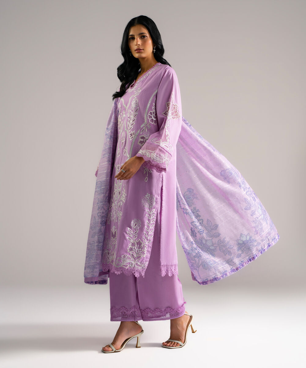 Women's RTW Lawn Embroidered Lilac 3 Piece Suit