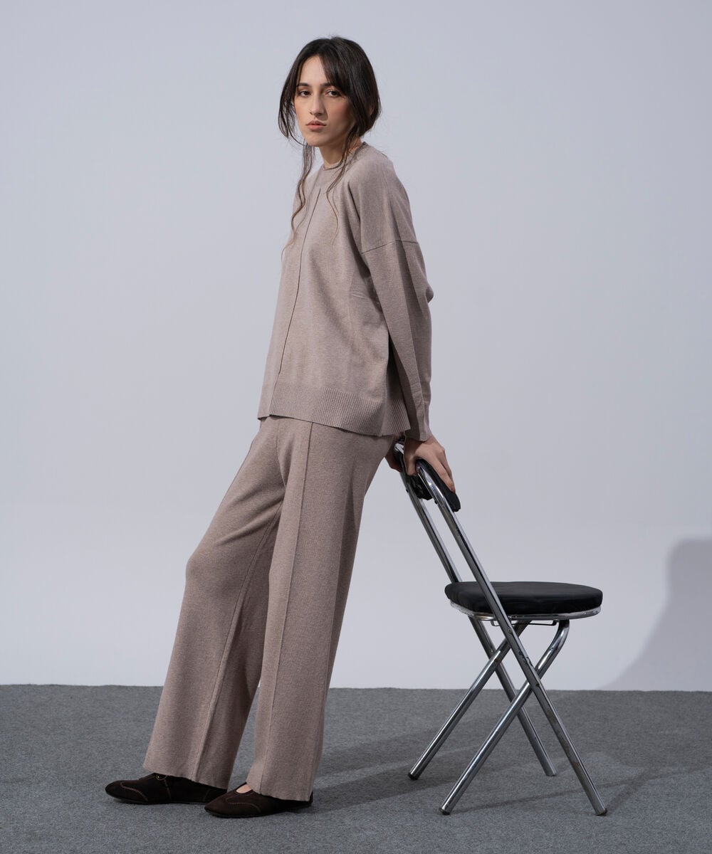 Women's Western Wear Melange Effect Off Brown Pull-On Knit Trousers