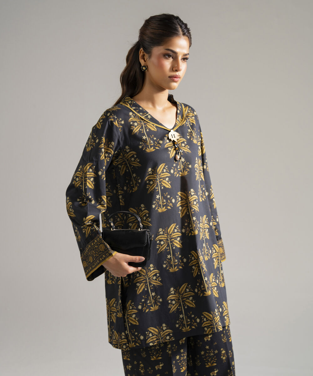 Women's RTW Lawn Printed Black Straight Shirt