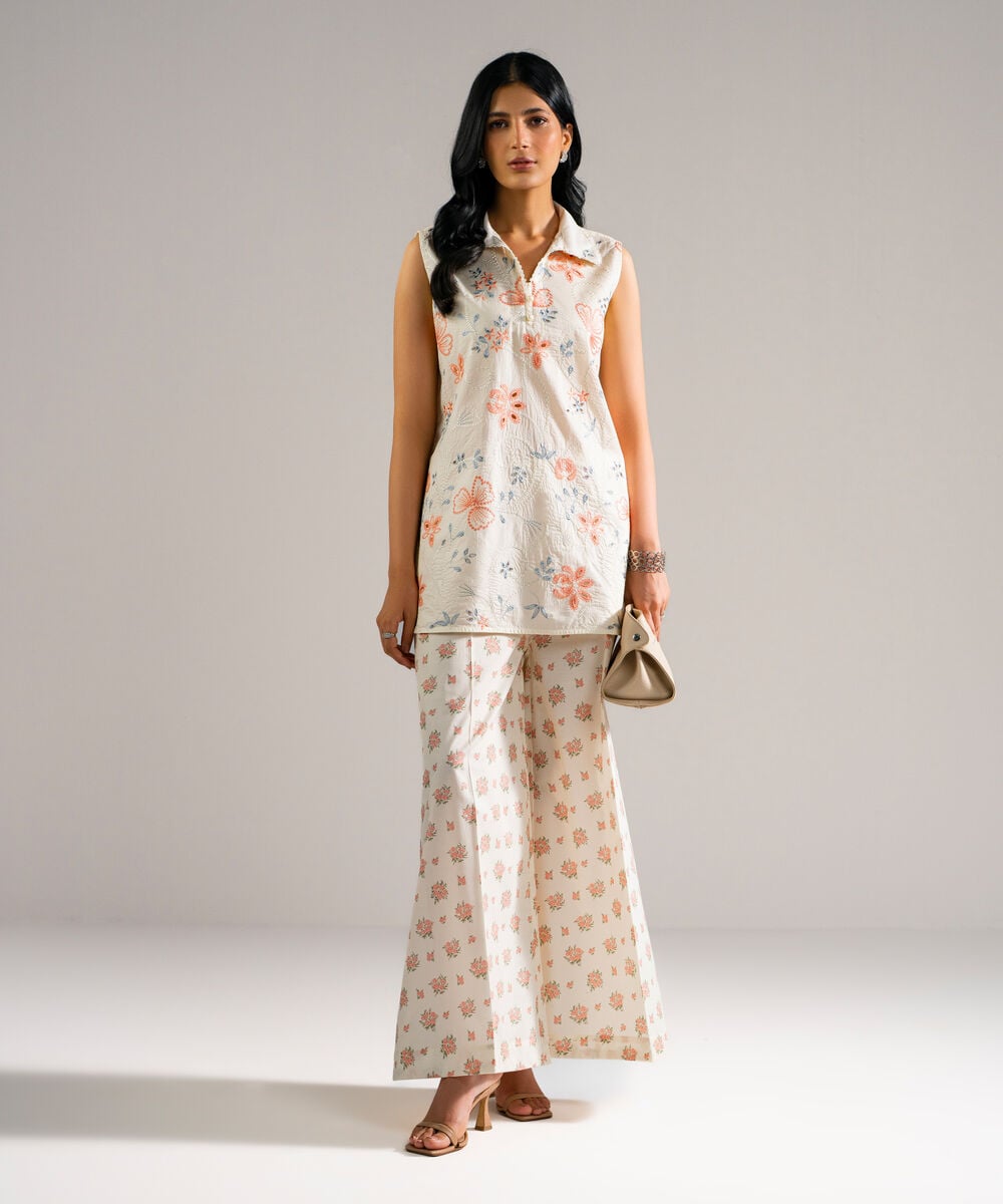Women's RTW Lawn Embroidered Off White Straight Shirt