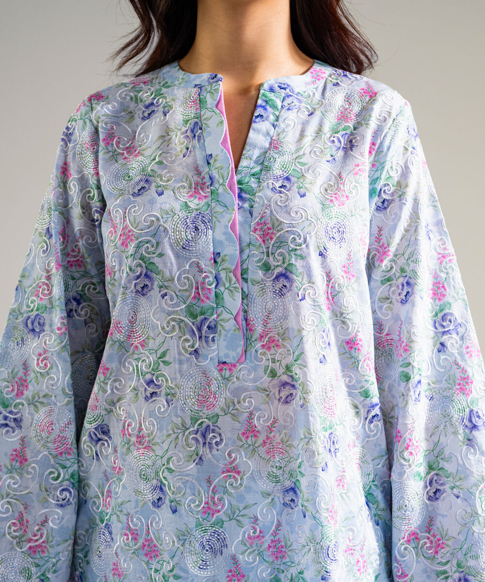 Women's RTW Dobby Embroidered Blue 3 Piece Suit
