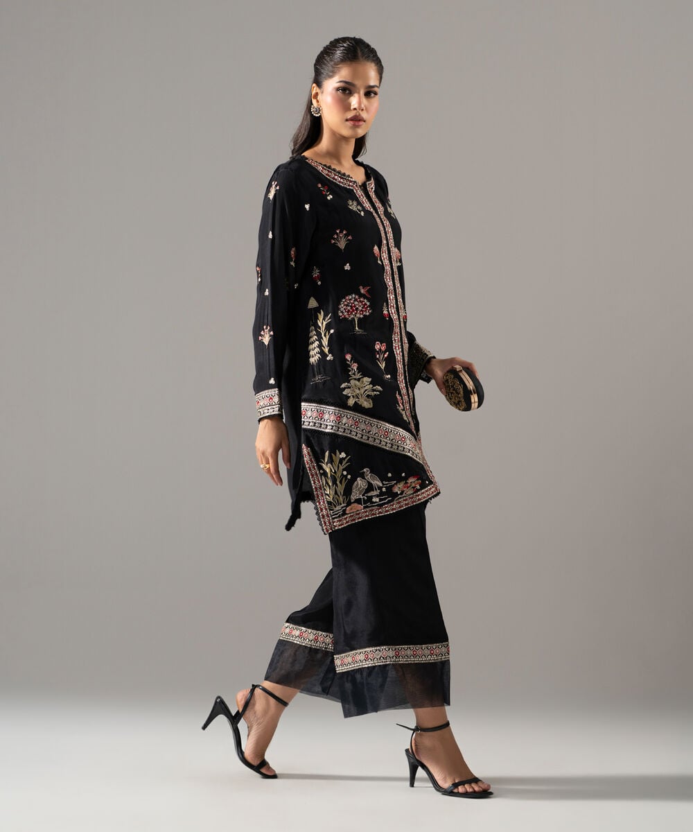Women's RTW Thai Silk Solid Embroidered Black 2 Piece Suit